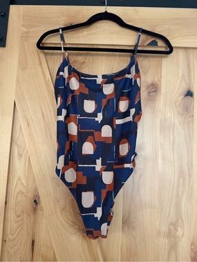 Madewell Navy Blue Geometric Print One-Piece Swimsuit, Seamless Bodysuit, Small